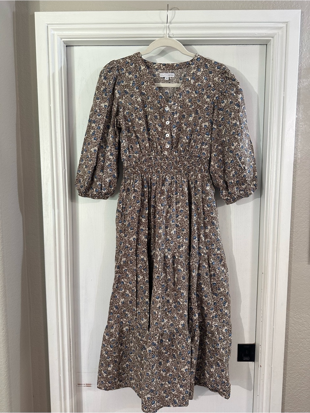 Baltic Born Brown Floral Midi Dress with Blue Accents